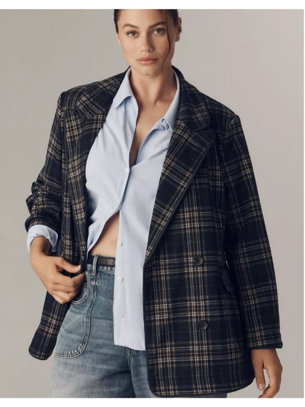 Anthropologie Avec Les Filles Double-Breasted Knit Plaid Blazer 1XL